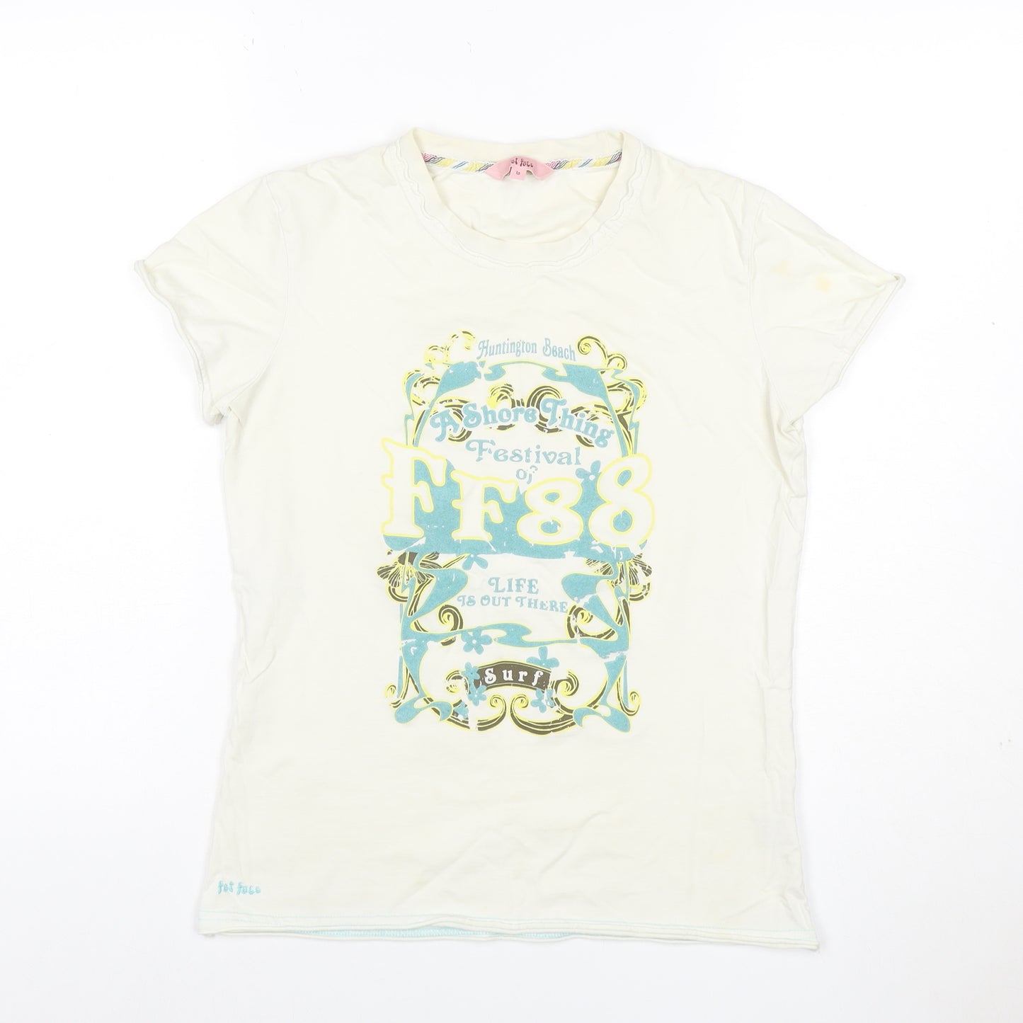 Fat Face Women’s Ivory Graphic Surf T-Shirt Size 10 Cotton