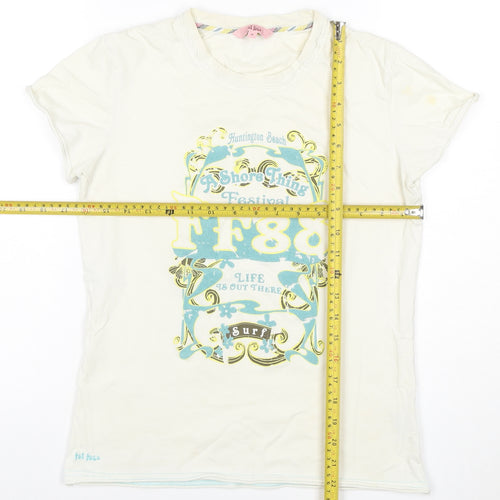Fat Face Women’s Ivory Graphic Surf T-Shirt Size 10 Cotton