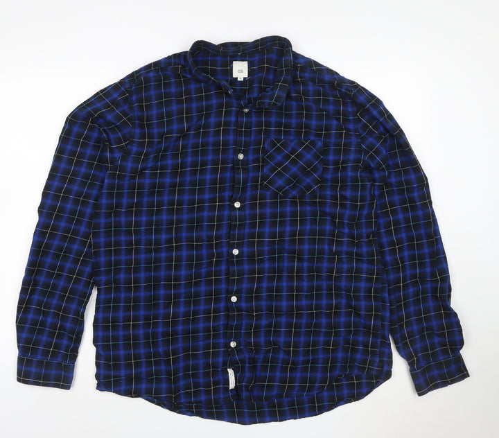 River Island Men's Blue Check Cotton Button-Up Shirt XL