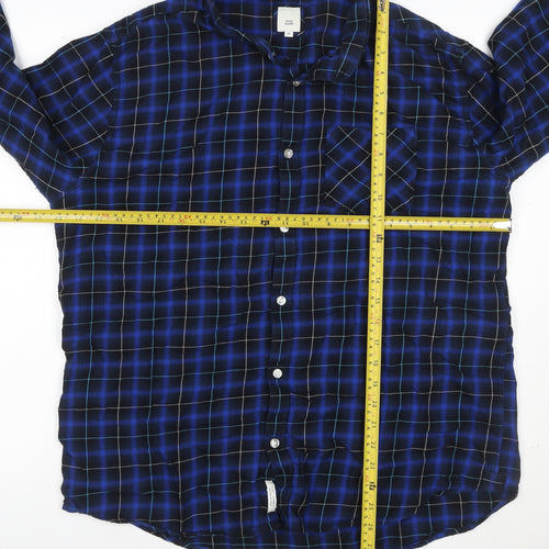 River Island Men's Blue Check Cotton Button-Up Shirt XL