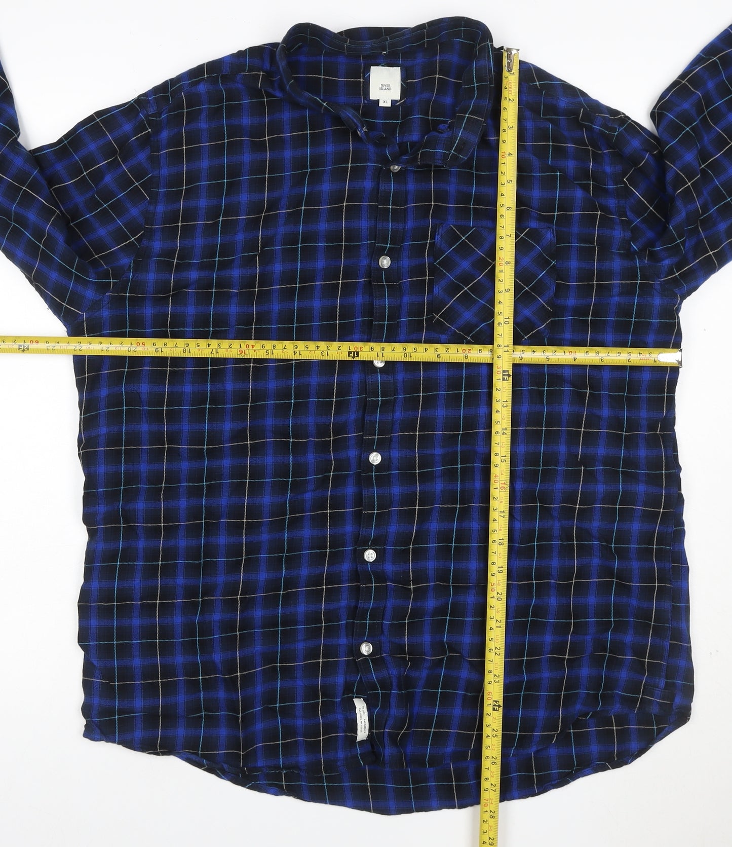 River Island Men's Blue Check Cotton Button-Up Shirt XL
