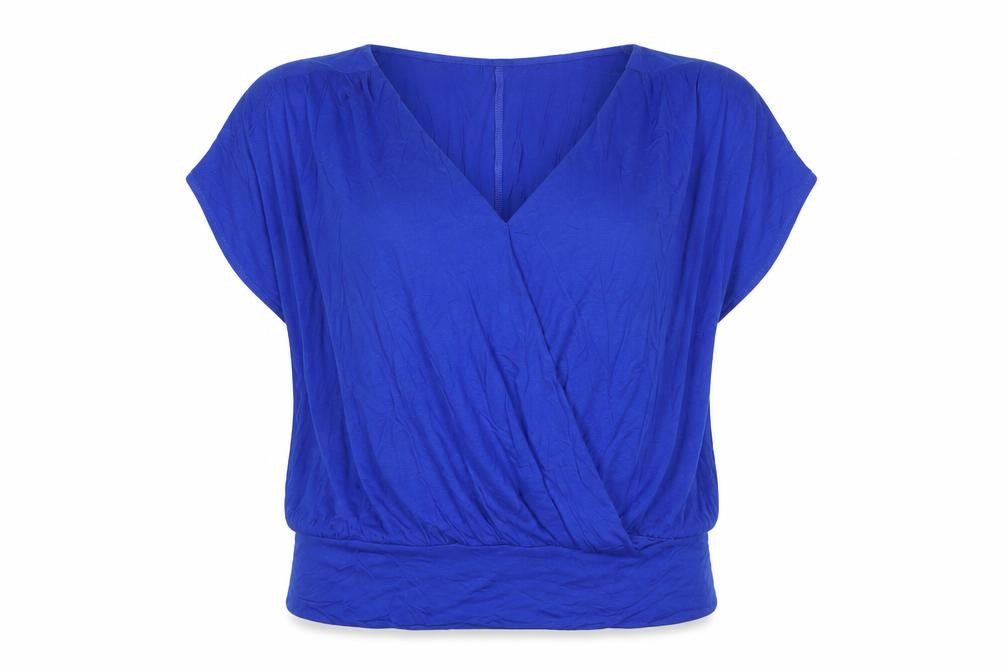 Front view of Principles Women's Blue V-Neck Jersey Wrap Blouse, size 14
