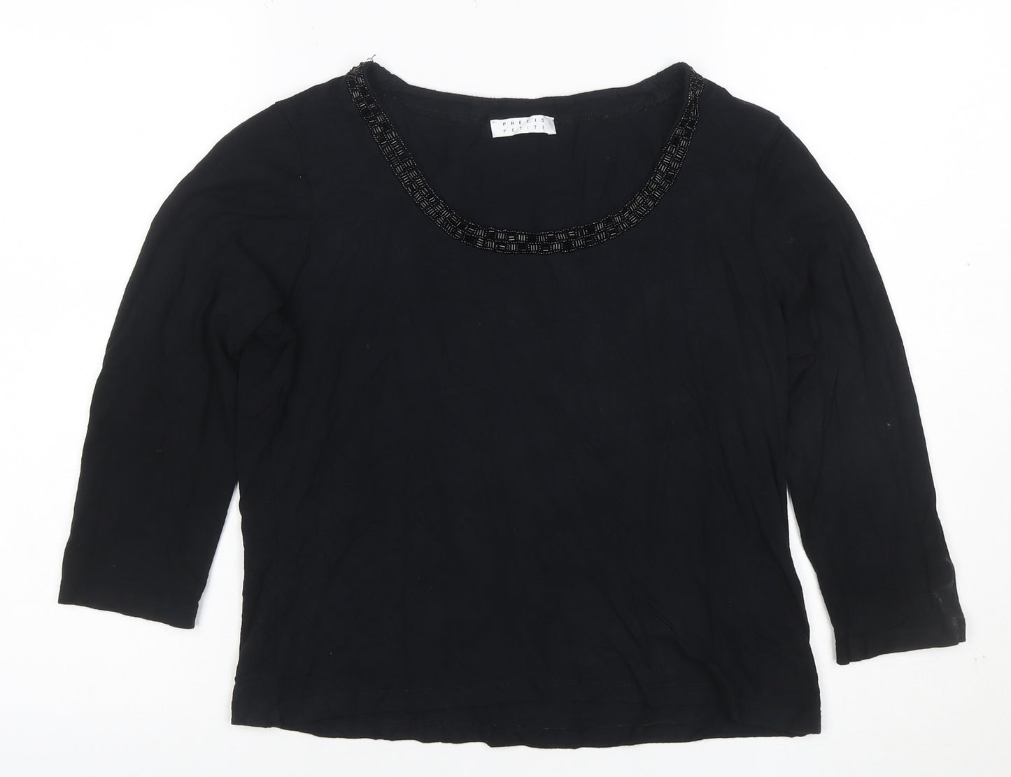 Precis Petite Women's Black Beaded Scoop Neck 3/4 Sleeve Blouse M
