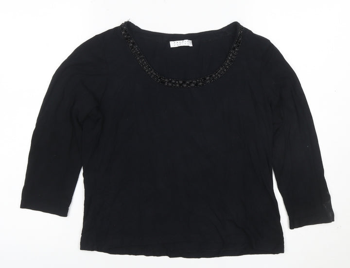 Precis Petite Women's Black Beaded Scoop Neck 3/4 Sleeve Blouse M
