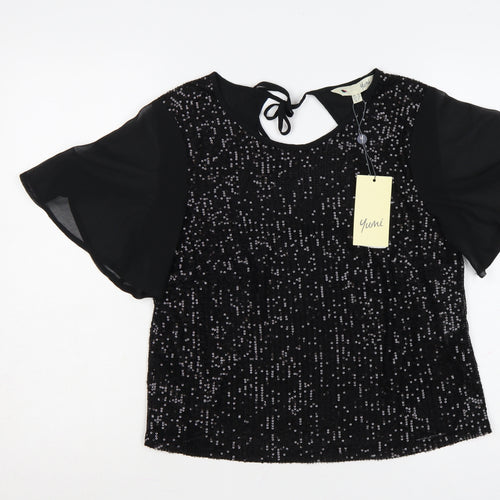 Yumi Women Black Sequin Tunic Blouse Size 10 Party Top