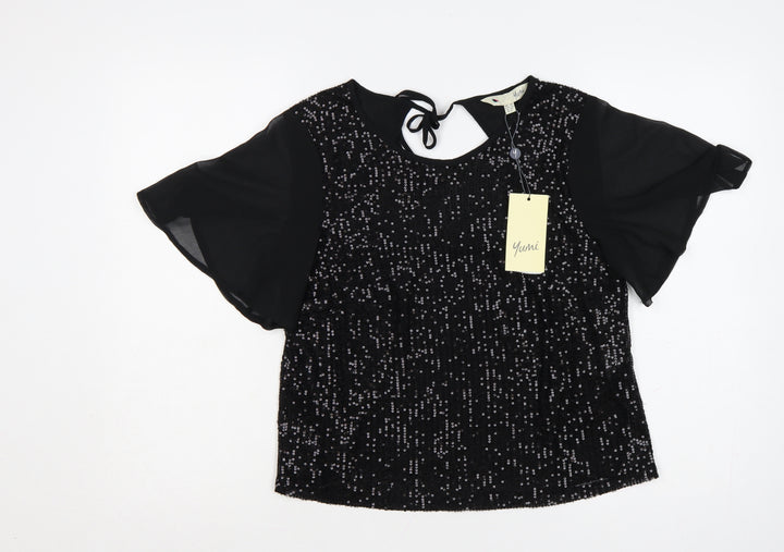 Yumi Women Black Sequin Tunic Blouse Size 10 Party Top