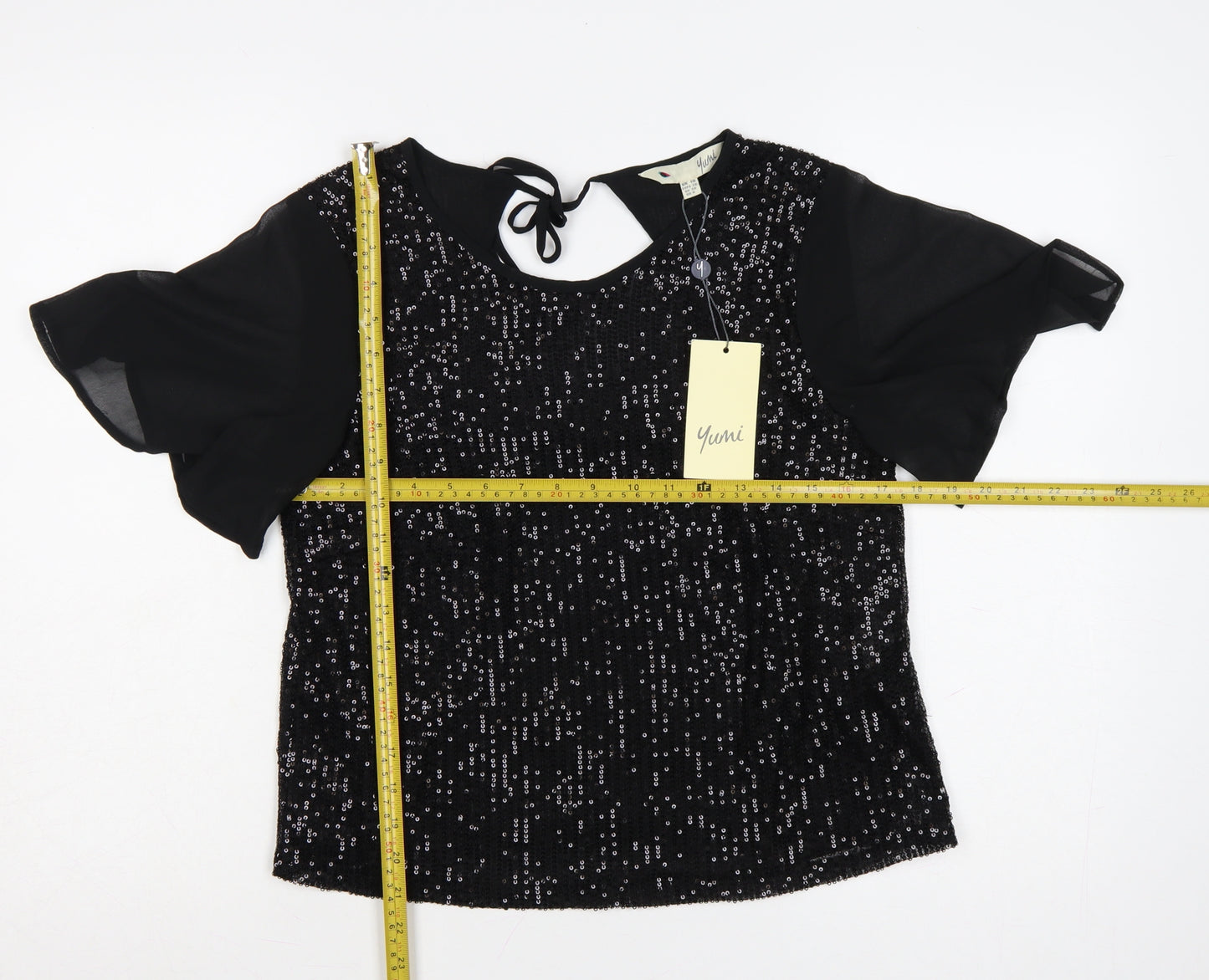 Yumi Women Black Sequin Tunic Blouse Size 10 Party Top