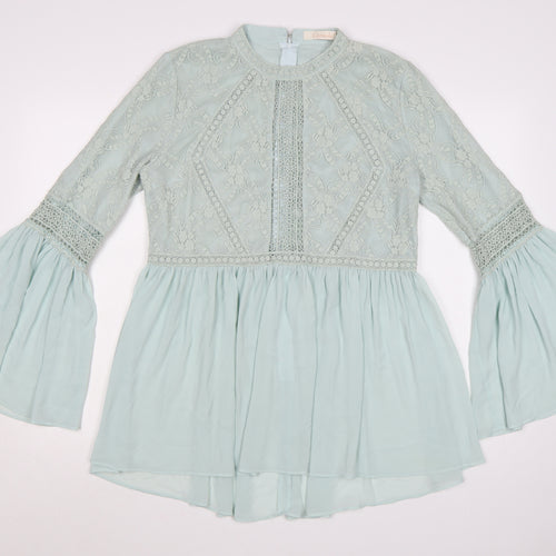 Capsule Women’s Green Lace A-Line Short Dress Size L Long Bell Sleeve