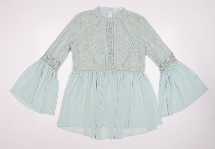 Capsule Women’s Green Lace A-Line Short Dress Size L Long Bell Sleeve