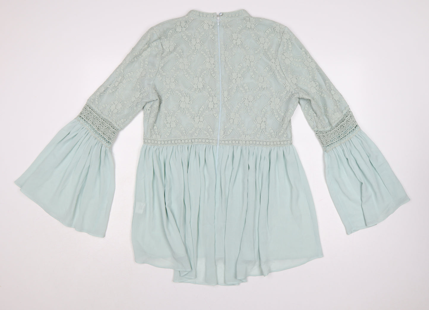 Capsule Women’s Green Lace A-Line Short Dress Size L Long Bell Sleeve