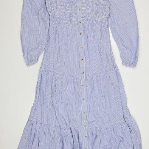 ASOS DESIGN Women Blue Stripe Midi A-Line Dress Size 16 Puff Sleeve