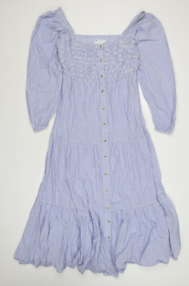 ASOS DESIGN Women Blue Stripe Midi A-Line Dress Size 16 Puff Sleeve