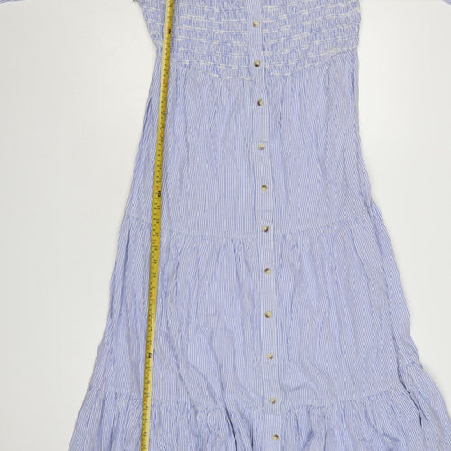 ASOS DESIGN Women Blue Stripe Midi A-Line Dress Size 16 Puff Sleeve