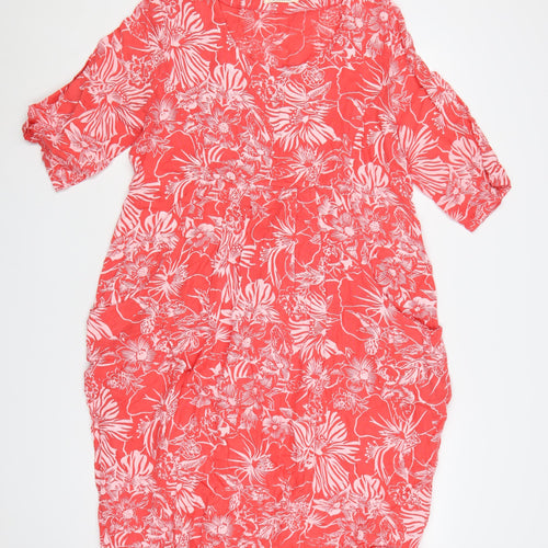 WoolOvers Women Red Linen Floral Shift Dress Size 12 V-Neck