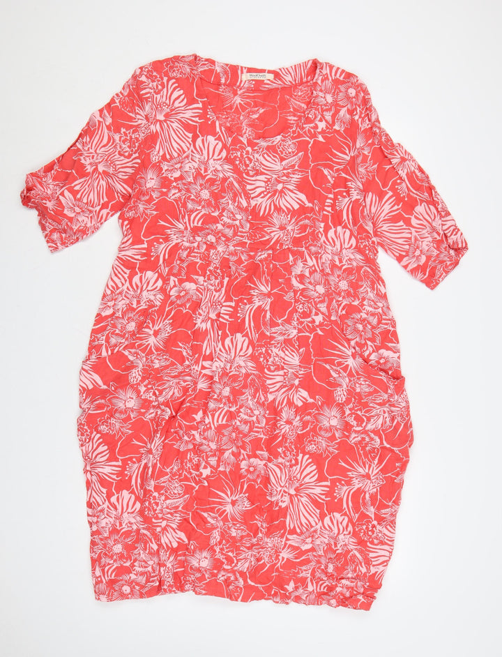 WoolOvers Women Red Linen Floral Shift Dress Size 12 V-Neck