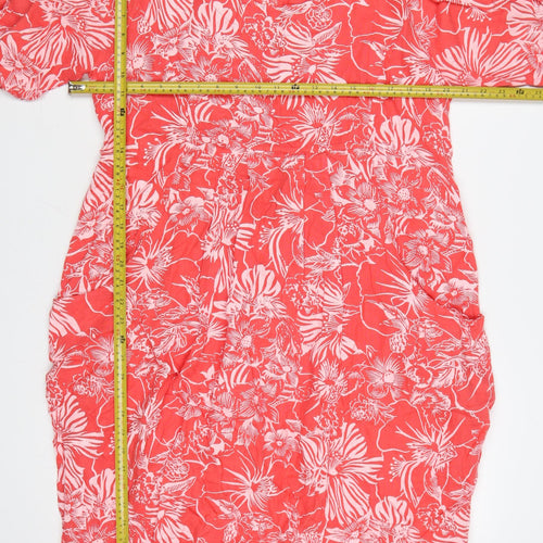 WoolOvers Women Red Linen Floral Shift Dress Size 12 V-Neck