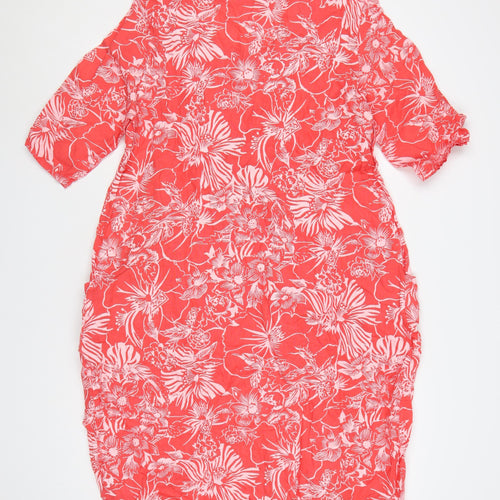 WoolOvers Women Red Linen Floral Shift Dress Size 12 V-Neck