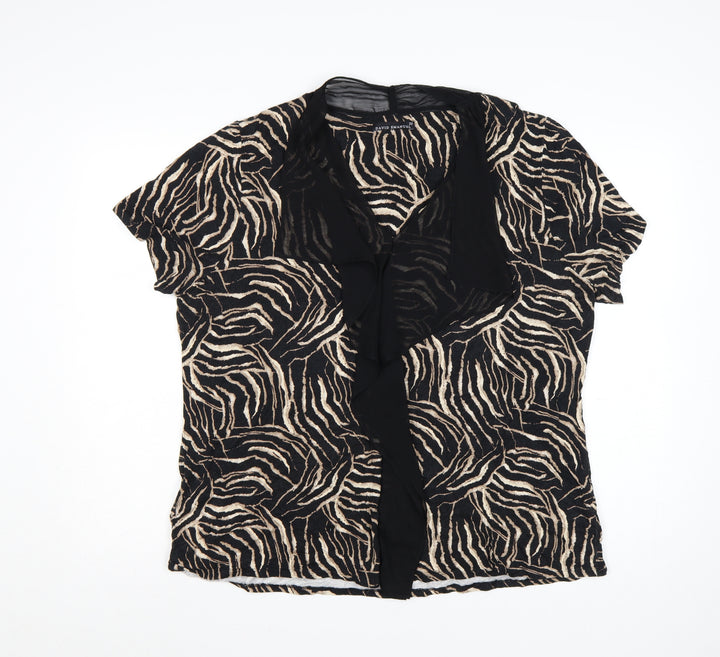 David Emanuel Women’s Beige Black Animal Print Ruffle Blouse Size 22