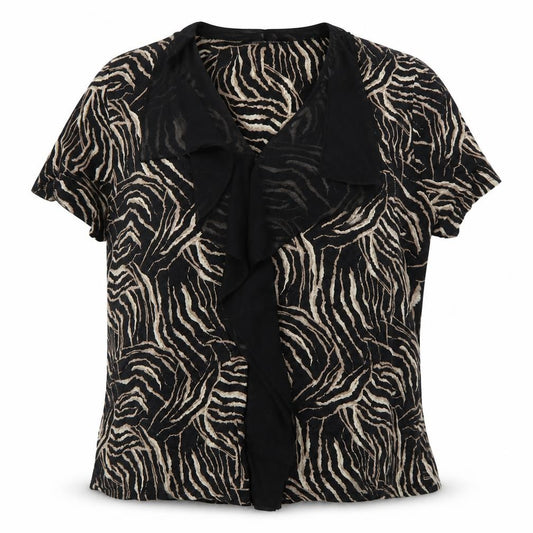 Front view of David Emanuel Women’s Beige Black Animal Print Ruffle Blouse, size UK 22