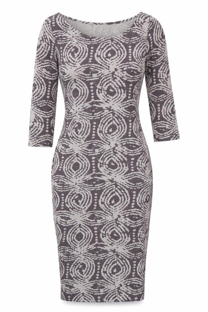 Front view of A Postcard From Brighton Women's Grey Geometric Bodycon Midi Dress M