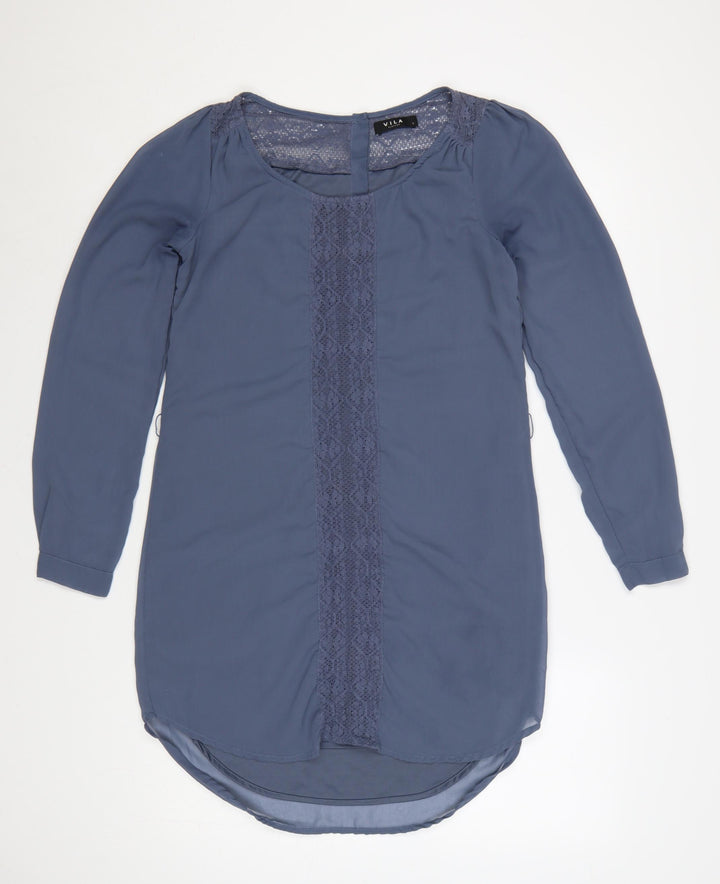 Vila Women Blue S Shirt Dress Lace Detail Long Sleeve Polyester