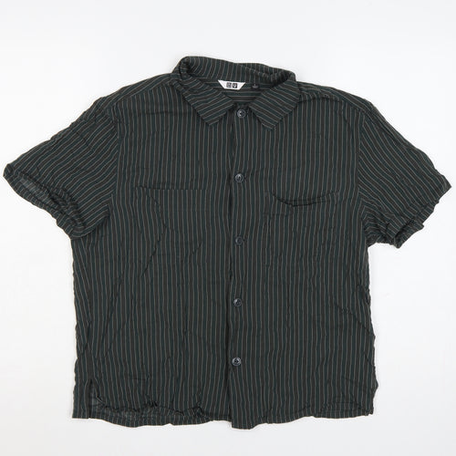 Uniqlo Women Green Striped Short Sleeve Button-Up Cotton Shirt L