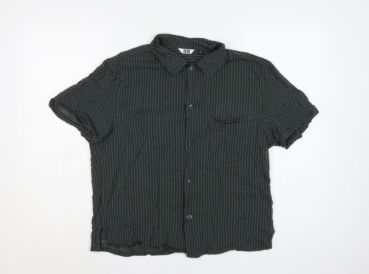 Uniqlo Women Green Striped Short Sleeve Button-Up Cotton Shirt L