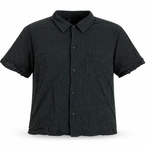 Uniqlo Women Green Striped Short Sleeve Button-Up Cotton Shirt L
