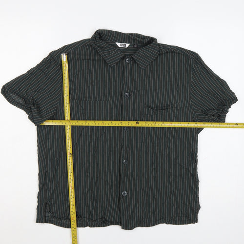 Uniqlo Women Green Striped Short Sleeve Button-Up Cotton Shirt L