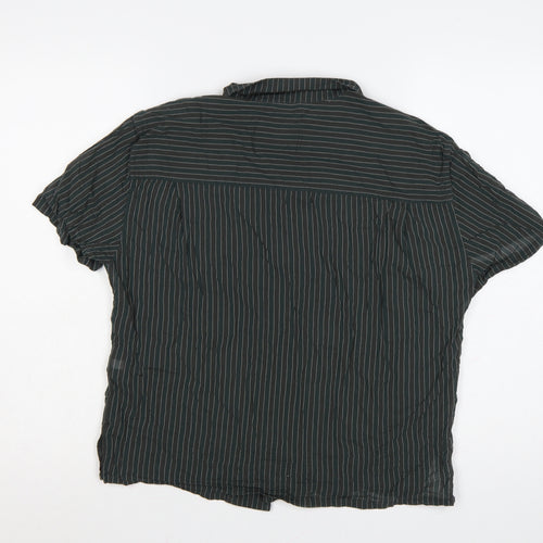 Uniqlo Women Green Striped Short Sleeve Button-Up Cotton Shirt L