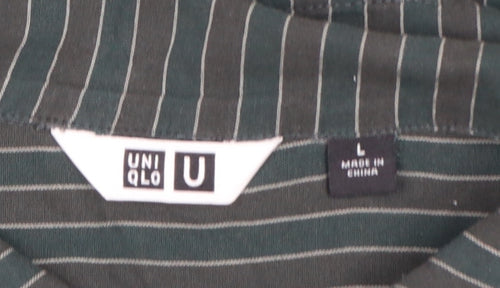 Uniqlo Women Green Striped Short Sleeve Button-Up Cotton Shirt L