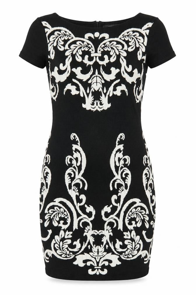 Front view of Phase Eight Women Black, size 14, Bodycon Dress with Embroidered Pattern