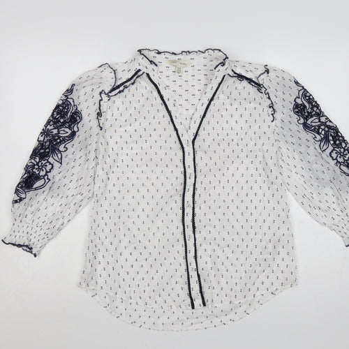 Love & Roses Women's White Blue Floral Embroidered Blouse UK 12
