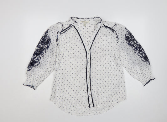 Love & Roses Women's White Blue Floral Embroidered Blouse UK 12