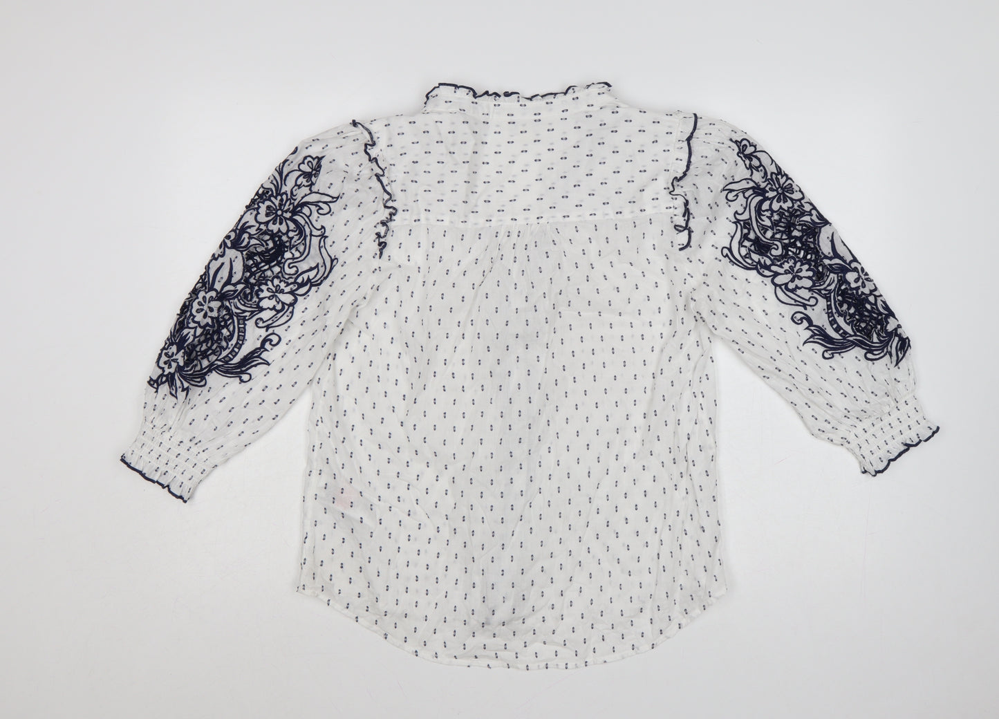 Love & Roses Women's White Blue Floral Embroidered Blouse UK 12