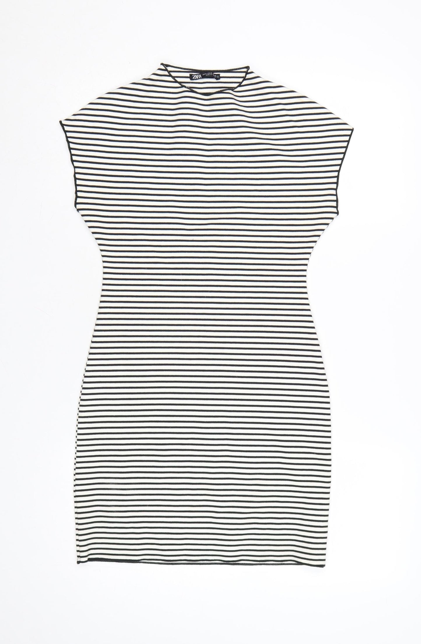 Zara Women Black White Striped Bodycon Dress Size 12 Short Sleeve