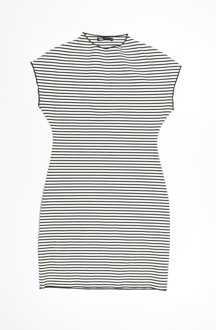 Zara Women Black White Striped Bodycon Dress Size 12 Short Sleeve