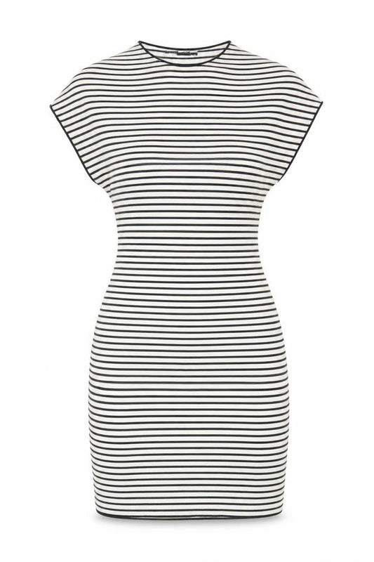 Front view of Zara Women Black White Striped Bodycon Dress, size 12, Short Sleeve