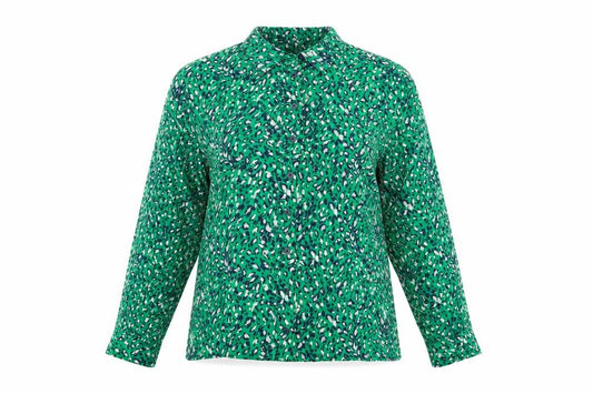 Front view of Whistles Women Green Animal Print Long Sleeve Button-Up Shirt, size 14