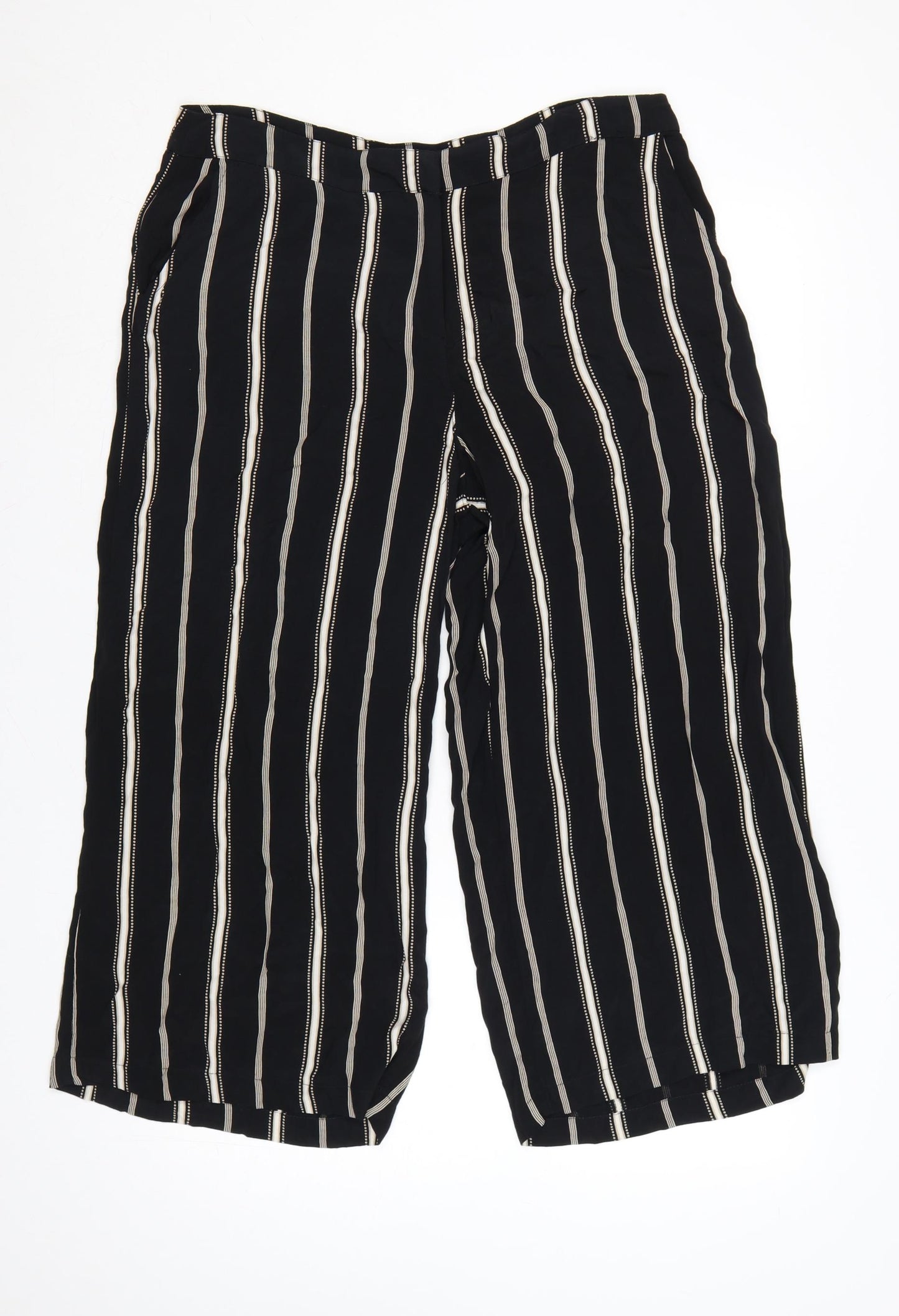 Monsoon Women Black Striped Wide-Leg Cropped Trousers UK 14