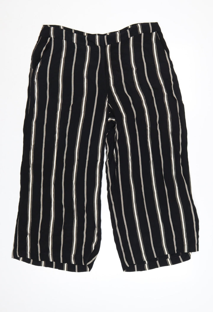 Monsoon Women Black Striped Wide-Leg Cropped Trousers UK 14