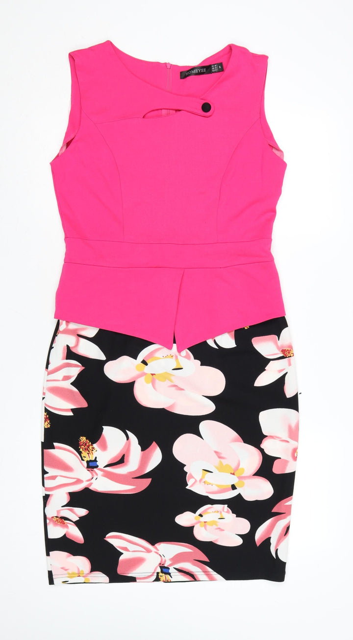 Homeyee Women Pink Floral Pencil Dress UK 14 Sleeveless Party
