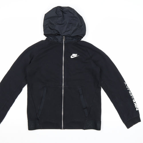 Nike Boys Black Full Zip Hoodie Air Max Logo 12-13 Years Lined Cotton Blend