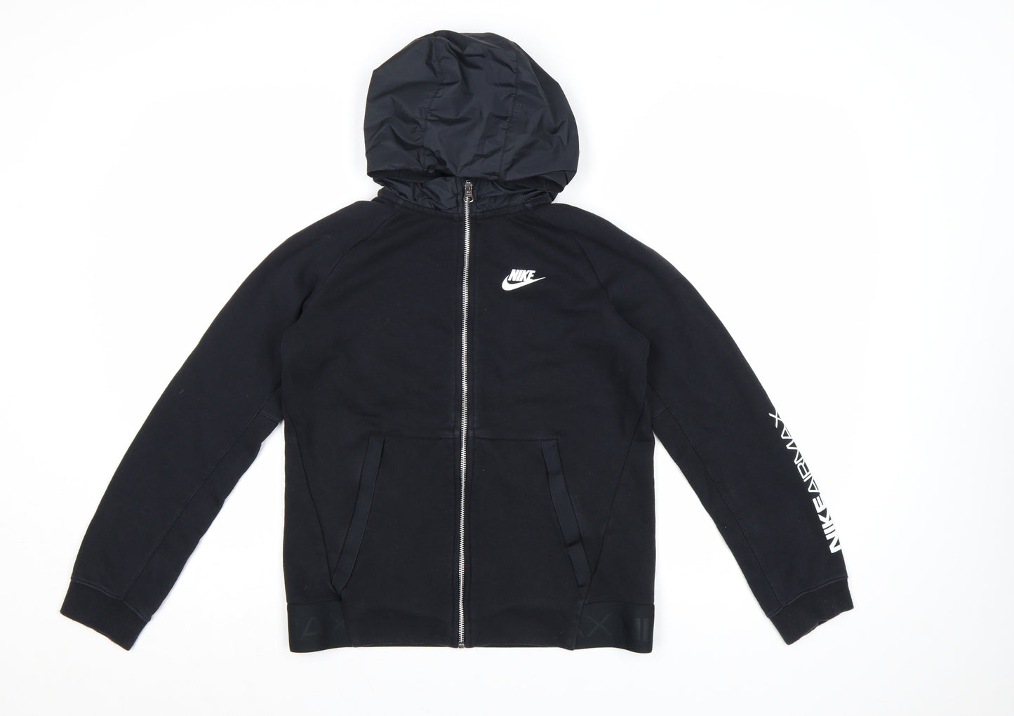 Nike Boys Black Full Zip Hoodie Air Max Logo 12-13 Years Lined Cotton Blend