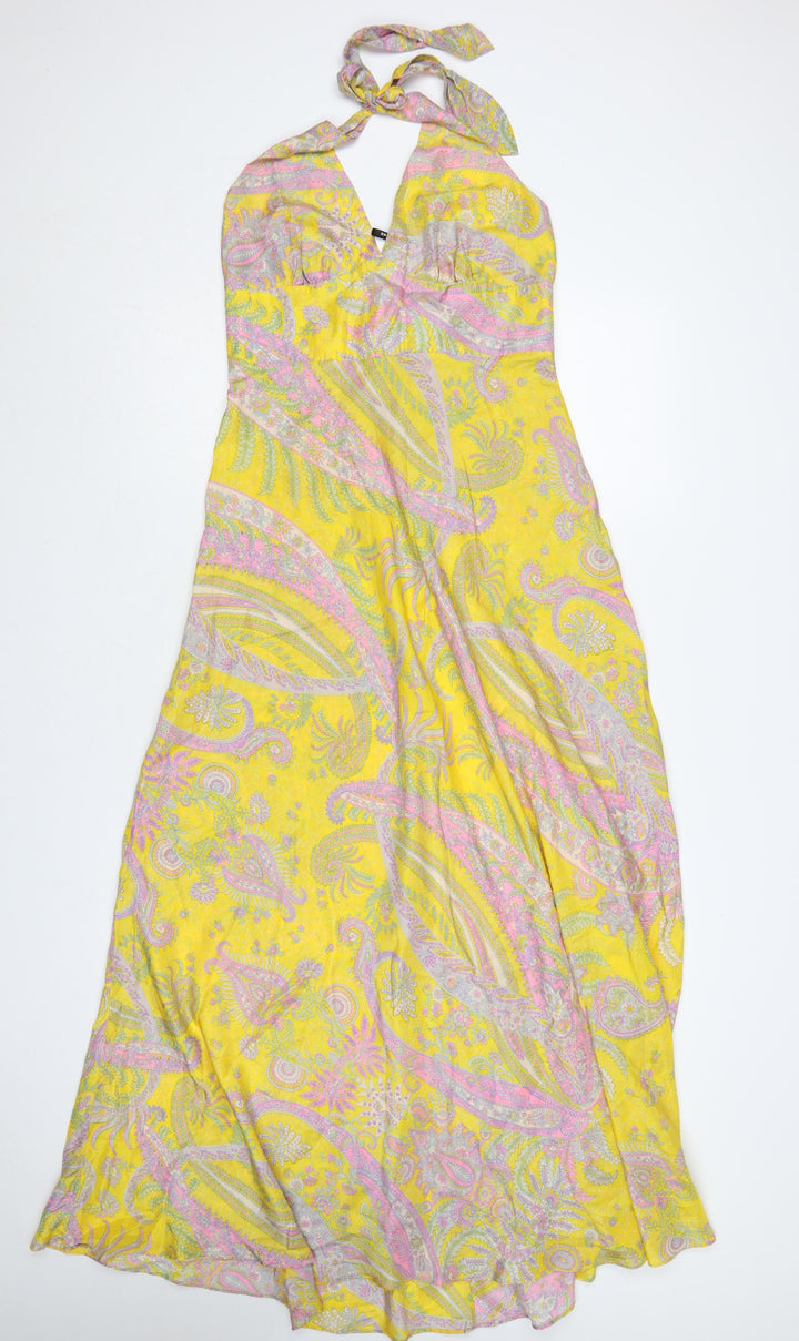 Warehouse Women Yellow Paisley Silk Halter Maxi Dress UK 12