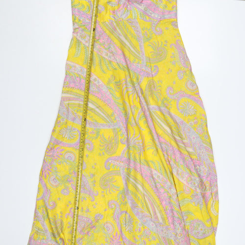 Warehouse Women Yellow Paisley Silk Halter Maxi Dress UK 12