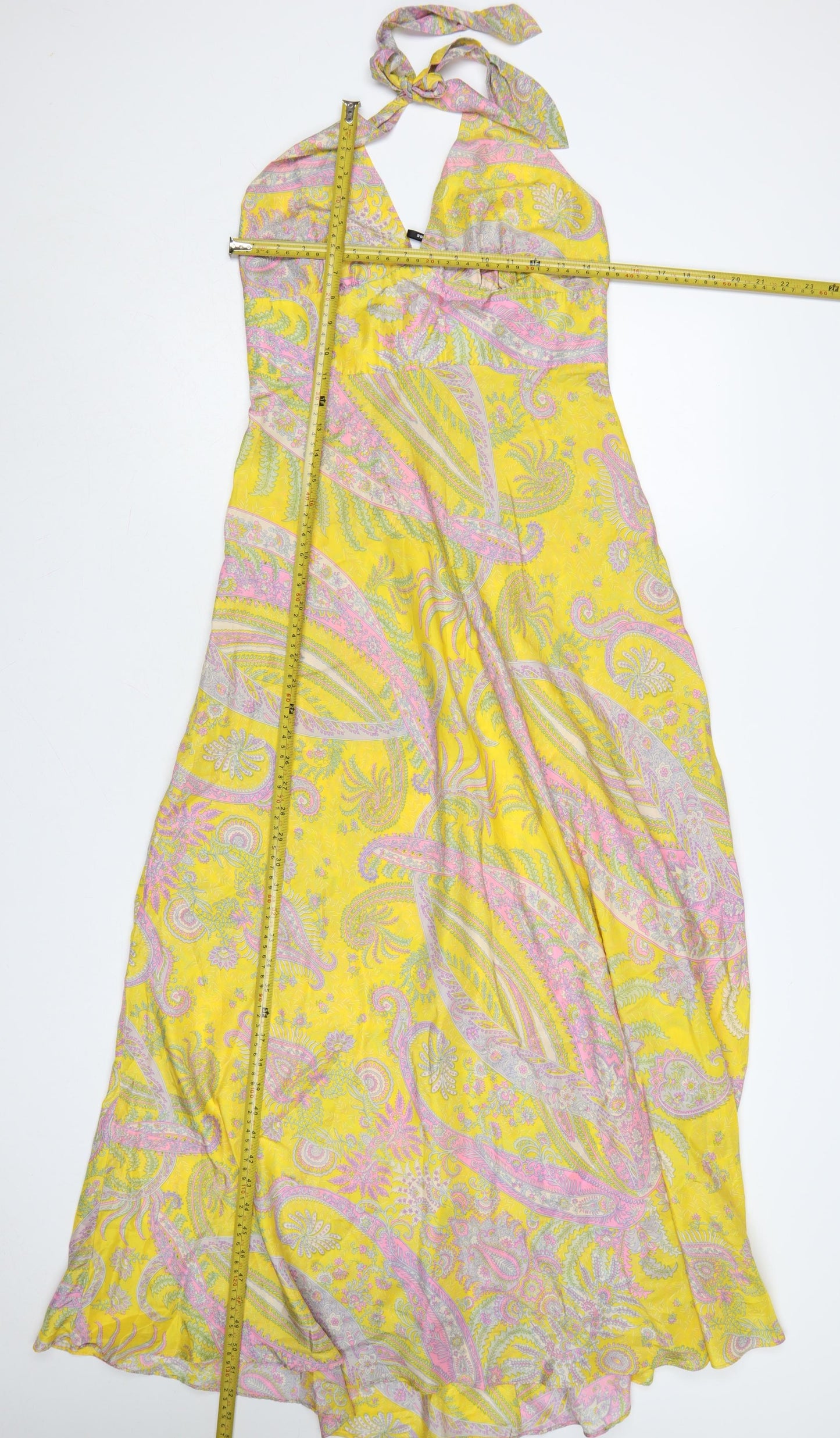 Warehouse Women Yellow Paisley Silk Halter Maxi Dress UK 12