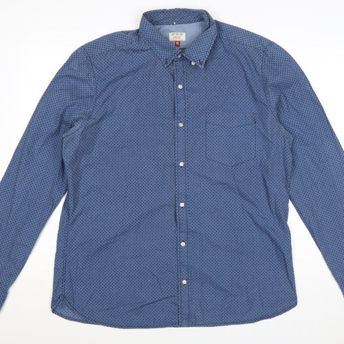 Next Men's Blue Geometric Button-Down Cotton Shirt XL