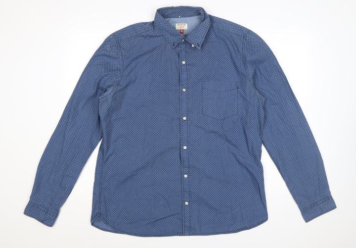Next Men's Blue Geometric Button-Down Cotton Shirt XL