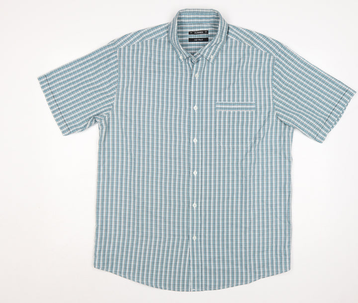 Dunnes Men Blue Check Short Sleeve Button-Down Shirt Size L